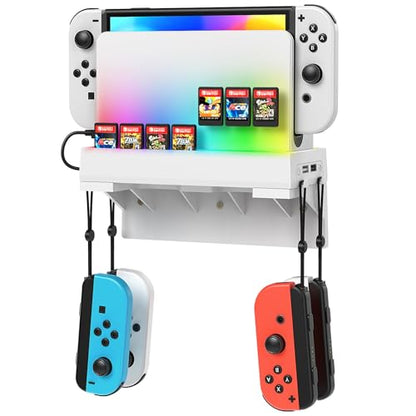 RGB Switch Wall Mount for Nintendo Switch/OLED, Games Console Wall Shelf with 7 Light Mode,Station Stand Holder for Switch Console, 7 Game Card Slots, 4 Controller Storage Hook for Switch Accessories - size: White
