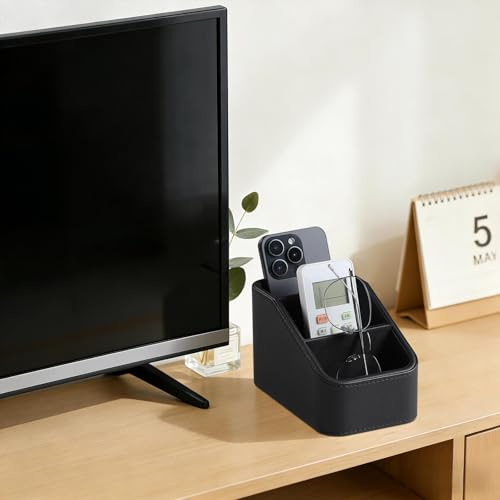 PU Leather Remote Control Holder, Small Desk Organizer Office Supply Bedside Caddy for Nightstand End Table Couch, Pen Remote Organizer with 3 Compartments (Black) - color: Black