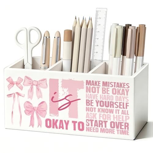 Pink Bow Inspirational Pen Pencil Holder for Desk, Inspirational Gifts for Women, Preppy Girly Motivational Wooden Box Sign Decorations for Girls Bedroom Room Dorm Desk Tabletop - color: 02-Pink Bow Inspirational(white)