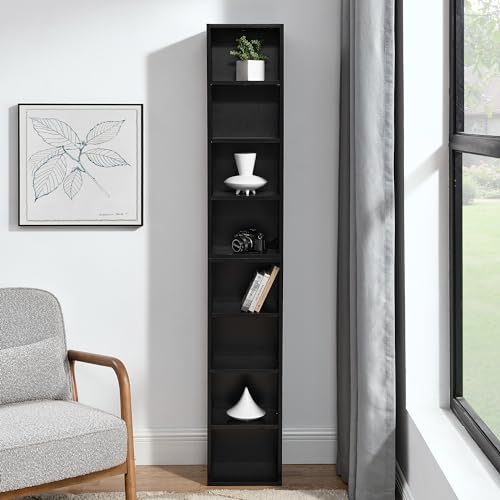 GDFStudio 8-Tier Media Tower Rack, Tall Slim CD DVD Storage Cabinet with Adjustable Shelves, Freestanding Double Bookcase Organizer, Narrow Display Bookshelf for Living Room or Home Office,Black - color: Black