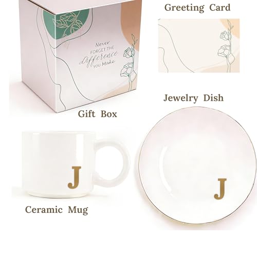 RainVibe Elegant Gift Set for Women – Personalized Monogram Ceramic Mug & Jewelry Tray – 12 oz Gold-Initial Coffee Cup with Gift Box, 4.75" Decorative Dish for Rings, Earrings, Keys (Letter J) - color: Letter J