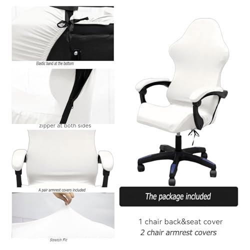 Gaming Chair Cover Set with Armrest Covers, Stretch Ruffled Slipcover for Racing Office Computer Reclining Chairs (White) - color: White
