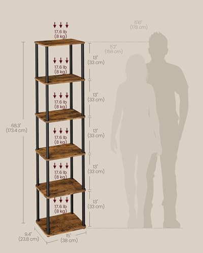 VASAGLE Superfast Toolless Assembly, 6-Tier Shelf for Living Room, Standing Shelf, Bookshelf, Bedroom, Kitchen, 9.4 x 15 x 68.3 Inches, Rustic Brown and Ink Black ULLS136K01 - color: Rustic Brown + Ink Black, size: 6 Tiers (15"W)