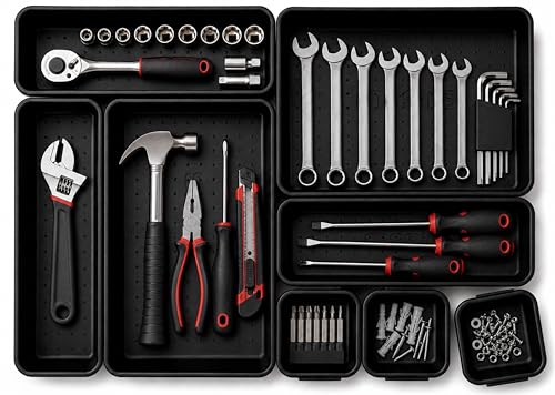 Interlocking Drawer Organizer Bins 8 Piece, Desk Junk Drawer Tray - Masirs | Tool Box Organizer Tray, Kitchen Office Garage, Modular Plastic, 3 Sizes (2 Lg 3 Med 3 Sm), Black, Custom Layout - color: Black