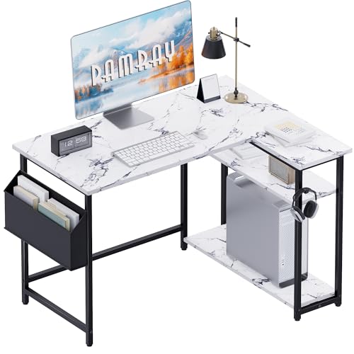 Pamray 40 Inch L Shaped Computer Desk with Reversible Side Storage Shelves, Small Corner Desk for Small Space Home Office, Writing Study Table PC Desk for Bedroom, Marble - color: Marble, size: 40 Inch