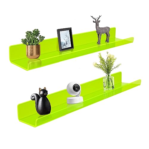 ROYALITA 24 Inches Acrylic Floating Book Shelves Wall Mounted Set of 2, Wall Hanging Plant Display Shelves, Room Decor Floating Wall Shelves for Gaming Room, Bedroom, Living Room, Office, Gree - color: Neon Green, size: 24 Inch
