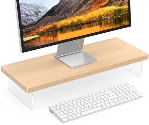 Monitor Stand Riser, Wood & Acrylic Computer Monitor Stand Desk Desktop Organizer Table For Home, Office Workspace, Laptop Riser, Printer, PC & TV Screen Riser - color: Oak, size: 25*10 Inch