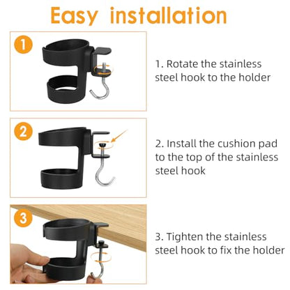 Desk Cup Holder, 2-in-1 Cup Holder for Desk Compatible with Stanley,Sinple Midern, Hydroflask, Owala, Adjustable Anti-Spill Tumbler Organizer with Hook for Home Office and School