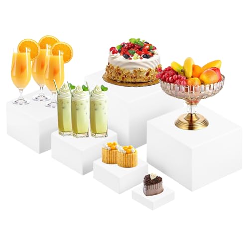 Yimy 6 PCS Buffet Risers, White Acrylic Food Risers for Buffet Table, Cube Boxes with Hollow Bottoms, Catering Display Stand Shelf for Dessert Party Jewelry & Collectibles(5"x6"x6.8"x7 x7.5 x8'')