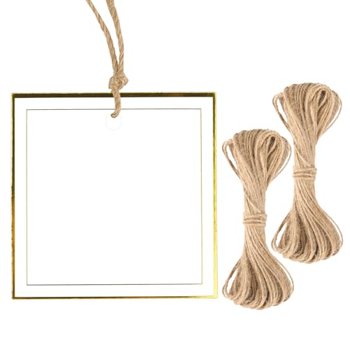 G2PLUS Gold Gift Tags with String, 100PCS Metallic Gold Foil Gift Tags, 2.5x2.5 in Large Blank White Square Paper Hanging Label Tag for Present Wrapping, Wedding, Birthday, Christmas Party Favors - style: Square Double Border