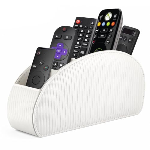 SITHON Remote Control Holder with 5 Compartments - PU Leather Remote Caddy Desktop Organizer Store TV, DVD, Blu-Ray, Media Player, Heater Controllers, Stripe Pearl White - color: Stripe-Pearl White, size: Small