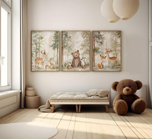 3Pcs Woodland Animal Nursery Canvas wall art Wild Animals Forest Paintings Pictures Wall Decor Fox Bear Deer Watercolor Poster Printing Artwork for Boys Room Girls Room Home Decoration Unframed - color: Woodland-poster, size: 16"L x 12"W