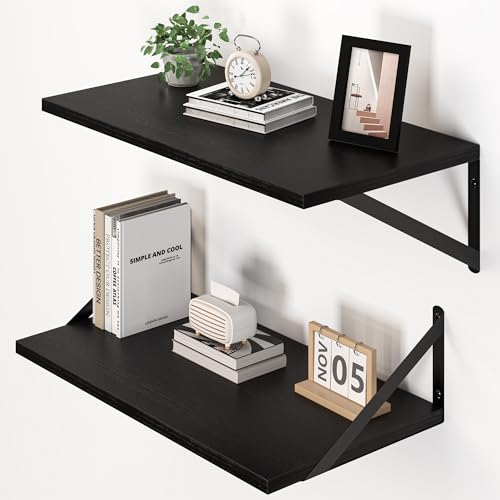 Heimlove Black Deep Floating Shelves for Wall, 20W x 12D Wood Wall Shelves Set of 2, Wide Floating Bookshelf for Living Room, Kitchen, Office, Bedroom and Decor Storage, with Metal Bracket - Black - color: Black With Black Metal Bracket, size: 20wx12dx5.8