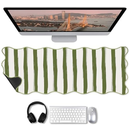 Copkim 1 Pcs Green Scalloped Striped Desk Mat 31.5 x 11.8 Inch Large Cute Mouse Pad Computer Mat Non Slip Waterproof Rubber Base with Border Stitching Soft Keyboard Pad for Home Office Gaming Makeup - color: Green, style: Strip