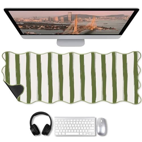 Copkim 1 Pcs Green Scalloped Striped Desk Mat 31.5 x 11.8 Inch Large Cute Mouse Pad Computer Mat Non Slip Waterproof Rubber Base with Border Stitching Soft Keyboard Pad for Home Office Gaming Makeup - color: Green, style: Strip