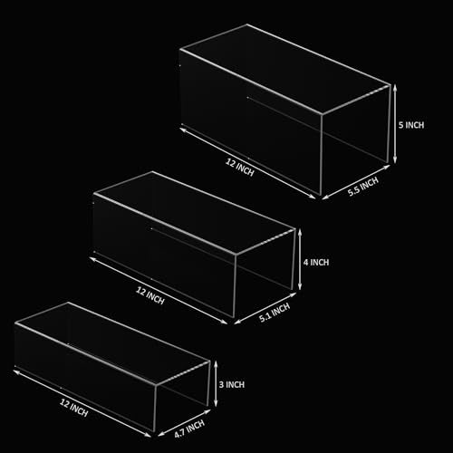 Sezanrpt Square Acrylic Display Risers 3pcs, Clear Showcase Shelves for Collectibles, Funko Pop Figures, Perfumes, Cupcake, Candy Dessert - 3''x4''x5''