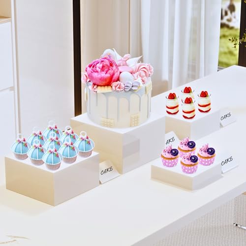 10” Large Buffet Risers with Mini Signs, Table Risers, Buffet Risers and Stands, Acrylic Cube Display Box Riser for Catering Party Buffet Table Food Display, Dessert, Cakes - White, Set of 4 Boxes - color: 10 inches-4 Pack