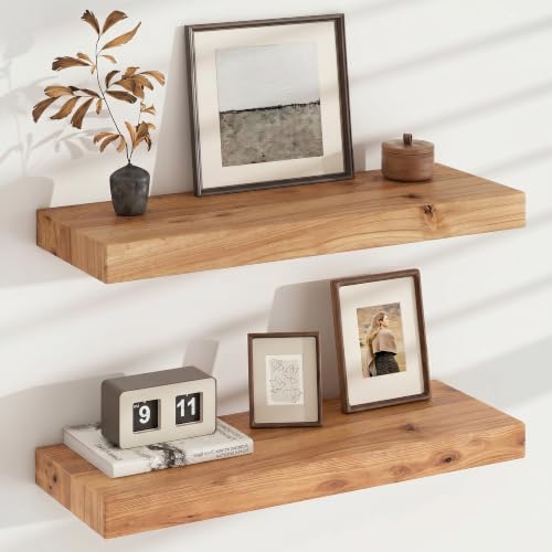 FLYJOE Floating Shelves for Wall, USA-Sourced Elm Wood 24 Inch Wall Shelves Set of 2, Natural Wooden Mounted Picture Ledge Shelf, Nursery Book Storage Shelf Kids Bookshelf Display, Shelf for Bathroom - color: Usa-sourced Elm Wood, size: 24''W, 2Packs
