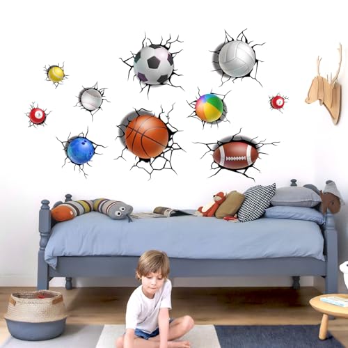 3D Sport Balls Wall Stickers, Basketball Rugby Football Baseball Peel and Stick Wall Decals, Baby Room Nursery Kids Bedroom Art Wall Decor - color: Sports