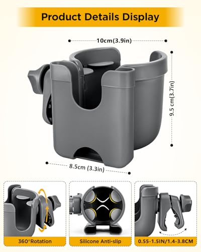 Universal Stroller Cup Holder with Mobile Phone Case, 2-in-1 Strollers Storage Rack, 360 Degrees Rotation Drink Holder for Bike, Pushchair, Wheelchair, Walker,Bicycle, Fits Most Cups (Gray) - color: GRAY