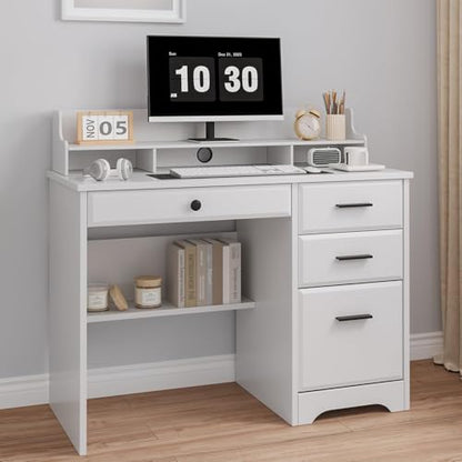 MaverickFurni White Desk with Drawers, Small Computer Desk with Drawers for Writing Study, Office Desk with File Drawer and Monitor Stand for Bedroom, Small Spaces - color: White