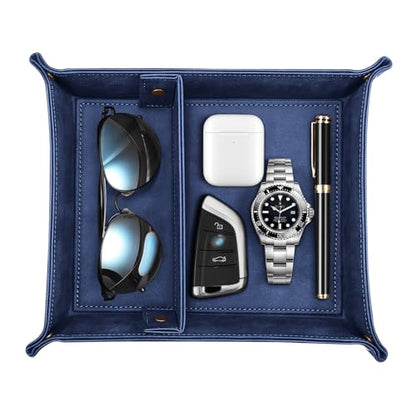 SITHON Valet Tray Desktop Storage Organizer, Removable 2 Compartments Catchall Tray Bedside Vanity Nightstand Caddy Holder Desk Storage Plate, Dark Blue - color: Dark Blue