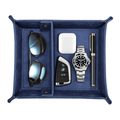 SITHON Valet Tray Desktop Storage Organizer, Removable 2 Compartments Catchall Tray Bedside Vanity Nightstand Caddy Holder Desk Storage Plate, Dark Blue - color: Dark Blue