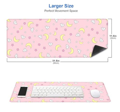 IMAYONDIA Pink Kawaii Desk Pad, Cute Moon Bunny Desk Mat Computer Pad Desktop,Laptop Protector Aesthetic Anime Mousepad Writing Pad for Office Home School,Large Gaming Mouse Pad Tarot Mat,31.5 X 11.8 - color: Pastel Moon Bunny