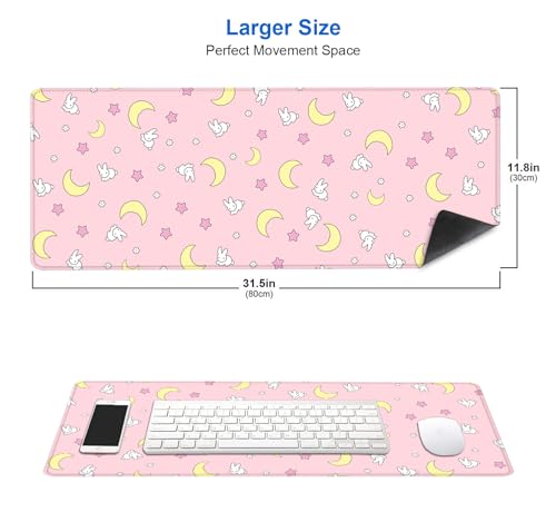 IMAYONDIA Pink Kawaii Desk Pad, Cute Moon Bunny Desk Mat Computer Pad Desktop,Laptop Protector Aesthetic Anime Mousepad Writing Pad for Office Home School,Large Gaming Mouse Pad Tarot Mat,31.5 X 11.8 - color: Pastel Moon Bunny