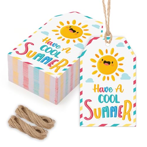 woric 100PCS Summer Gift Tags with String 3.3 x 2.2 Inch Have A Cool Summer Gifts Tags for Teacher Appreciation End of School Year and Summer Treat Bag Party Favor - color: Colorful Summer