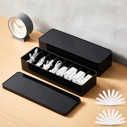 Tatuo 2 Pcs Cable Organizer Box with Wire Ties, Plastic Cord Storage Box with Lid, Electronics Organizer for Home Office Desk Organizers and Accessories (Black) - color: Black