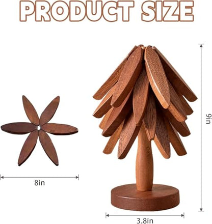 Wooden Cup Coaster Set，Tree Shape Trivet Set,Tree Coasters- 4 Wooden Trivets + 1 Stand stored for hot Dish/Pot/Bowl/teapot/hot Pot Set - color: Brown