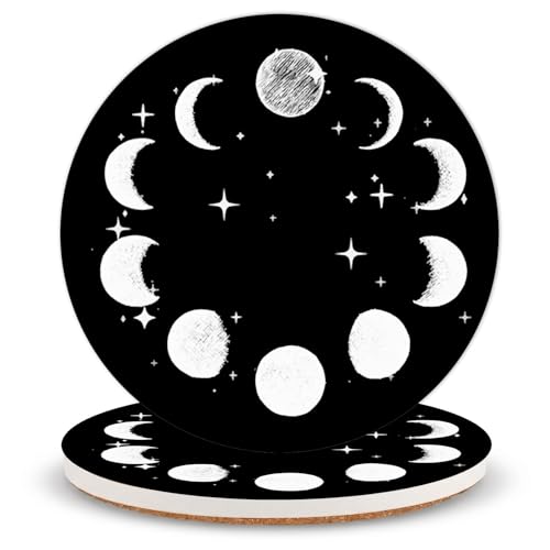 Moon Ceramic Coasters of 2 with Cork Backing Absorbent Cup Coaster | Non-Slip Coasters for Drinks and Coffee Table Office Desk Home Decor, Gifts for Moon Lovers, Mom, Stargazers - color: Moon