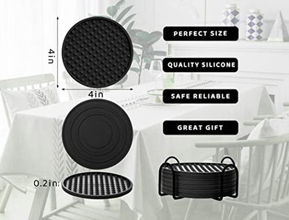 Coasters for Drinks 6 Pack Drinking Coaster with Holder,Heat Resistant Silicone Cup Mat Tabletop Protection,Non-Slip Rubber Coasters for Kinds of Cups (Black) - color: Black-metal Holder