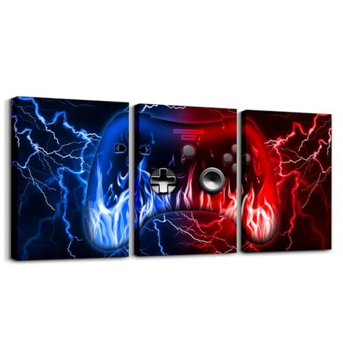 Feelyou Kids Gamer Canvas Wall Art 12" x 16" 3 Piece Gaming Office Wall Artwork Posters for Teens Adults Red and Blue Game Controller Bathroom Wall Art for Home Lightning Geometric Wall Painting - color: Blue and Red Black1