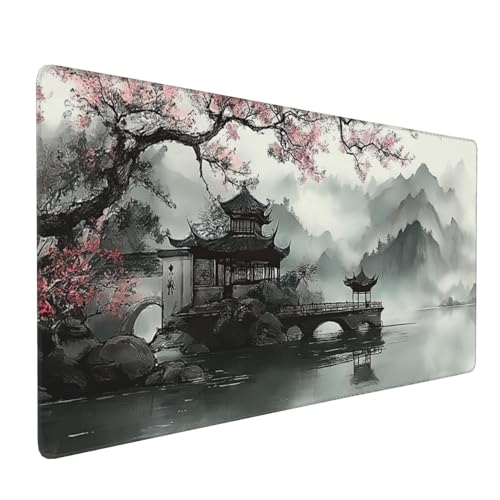 Extra Large Mouse Pad, Chinese Ink Wash Painting Design, 35.4x15.7 Inches, Gaming Keyboard Pad with Stitched Edges and Anti-Slip Rubber Base Plum Blossom - color: Ink plum blossoms