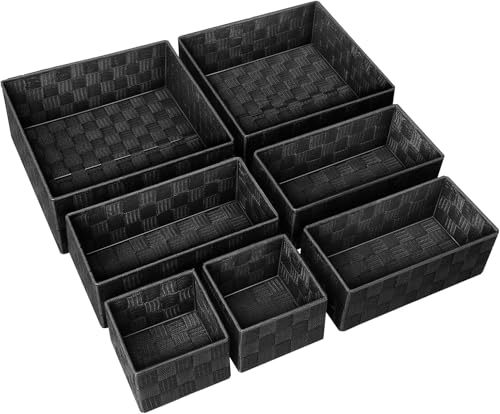 Posprica Small Baskets for Organizing(7 Set) Woven Storage for Shelves, Bathroom, Decorative Closet Organizer, Dresser Bins, Shelf - color: Black-7pcs