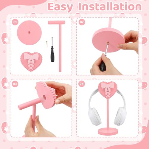Kingdder Pink Heart Bow Headphone Stand Cute Wood Headphone Stand Adorable Headset Holder Accessories Gamer Gifts for Teenage Women Teacher Girlfriend Office Worker Wife Gamer Room Office Desk - style: Heart Bow