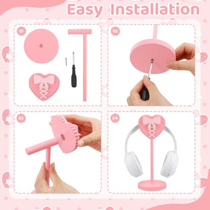 Kingdder Pink Heart Bow Headphone Stand Cute Wood Headphone Stand Adorable Headset Holder Accessories Gamer Gifts for Teenage Women Teacher Girlfriend Office Worker Wife Gamer Room Office Desk - style: Heart Bow