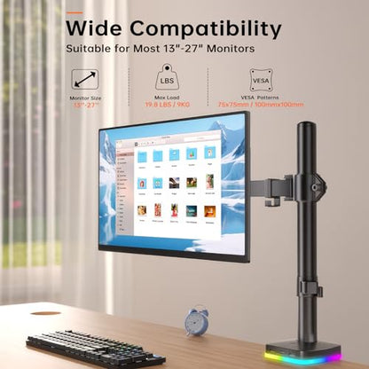 Afaloona RGB Monitor Arm with USB Hub, Single Monitor Stand for 13-27 Inch Screens, 1 USB-C & 2 USB Ports, Ergonomic Desk Mount, Adjustable Desk Mount, VESA 75x75-100x100mm, Up to 17.6lbs - size: RGB Single Monitor Arm
