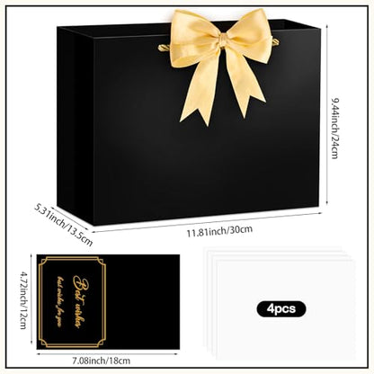 Hooqict Gift Bag Black Birthday Gift Bags with Handles, 1 Ribbon, 4 Tissue Paper, 2 Greeting Cards for Men Women Birthday Presents Wedding Retirement Christmas Gifts Fathers Day - color: Black