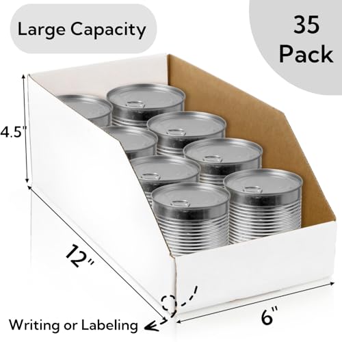 Tlence 35 Pack Cardboard Storage Bins, 12" x 6" x 4.5" Corrugated Open Top Box, White Pantry Shelf Organizer Bins for Parts Snacks, Ideal for Garage Warehouse Home Packing Moving, Easy Assembly