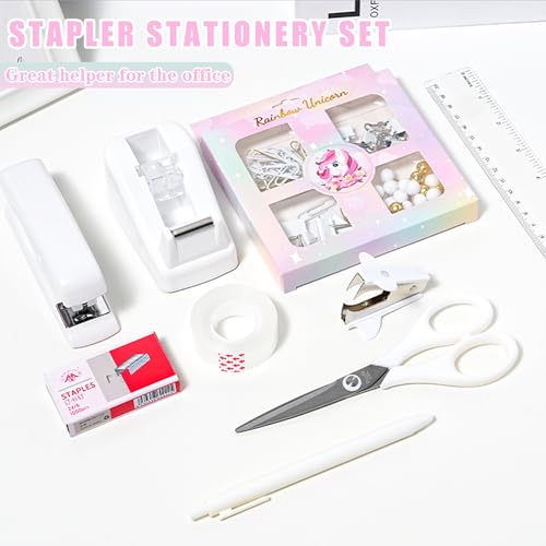 COMFYROOM Desk Accessories with Pen Holder, Office Supplies Desk Organizers and Accessories, Tape Dispenser, Stapler, Staple Remover, Staples, Clips Set, Ruler, Scissor, Pen, Tape (White) - color: Desk Accessories Office Supplies-White