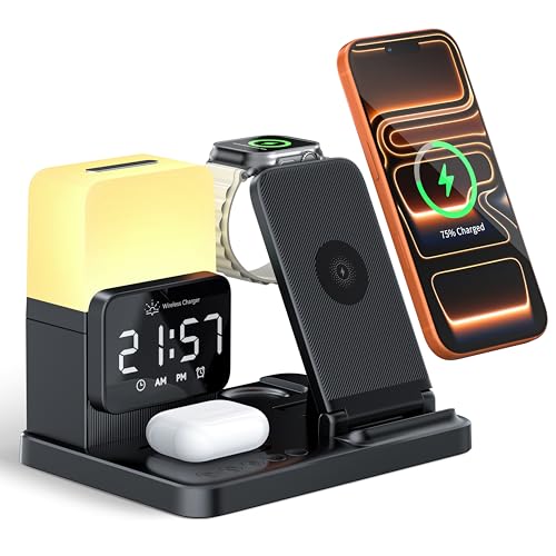 6-in-1 Wireless Charging Station,Charger Stand for Apple Devices,for iPhone 17-12 Pro Max Watch Airpods,Wireless Charger iPhone Charging Station with Night Light/Alarm Clock Gifts for Fathers Day