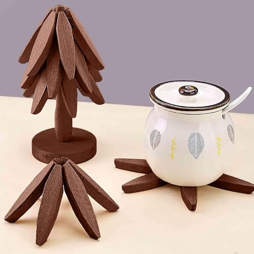 Wooden Cup Coaster Set，Tree Shape Trivet Set,Tree Coasters- 4 Wooden Trivets + 1 Stand stored for hot Dish/Pot/Bowl/teapot/hot Pot Set - color: Brown