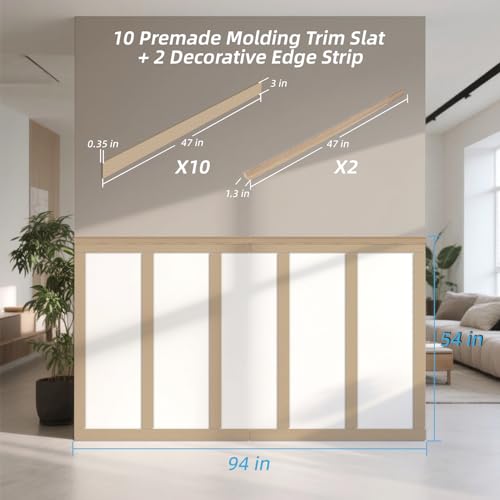 Art3d Premade Board and Batten Paintable Wainscoting Kit, MDF Accent Wall Panel for Kitchen Bedroom Living Room Home Decor Covers 94.5 x 54 in. Molding Trim Slat with Edge Strip - size: 94.5 x 54 Inch