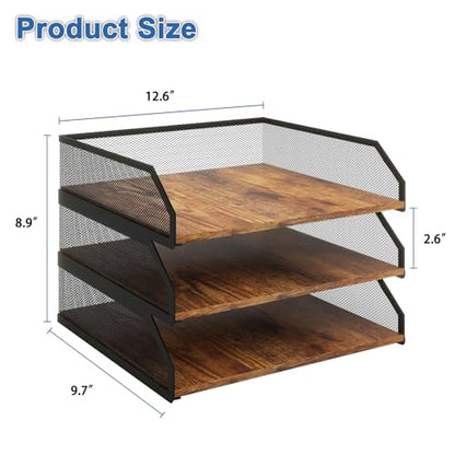 Natwind 3-Tier Stackable Metal Mesh Paper Organizer with Sliding Tray,Retro | Wooden Desk Organizer, Letter Tray For Desktop,File Holder For Home Office School Classroom Organization - size: 3 Tier