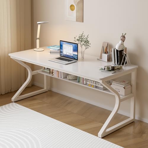 OSCHF Extra Long Desk with Bookshelf - 55" Double Long Writing Table for 2-Person Workstation, Modern Study Work Computer Desk for Home and Office, Warm White - color: Warm White, size: 55x23.6 inch