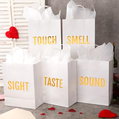 Kolldenn 5 Senses Gift Bags for Him for Her with 10 Pcs Tissue Paper, Paper Bags with Handles Five Senses Gifts for Valentines Christmas Birthday Wedding Anniversary(White,8.3 x 4.3 x 10.6 Inch) - color: White, size: 8.3 x 4.3 x 10.6 Inch
