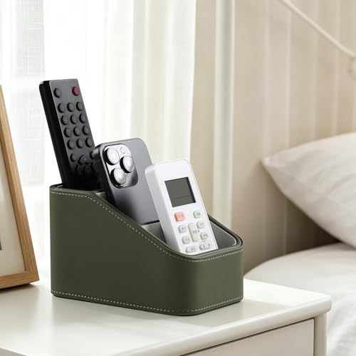 PU Leather Remote Control Holder, Small Desk Organizer Office Supply Bedside Caddy for Nightstand End Table Couch, Pen Remote Organizer with 3 Compartments (Green) - color: Green